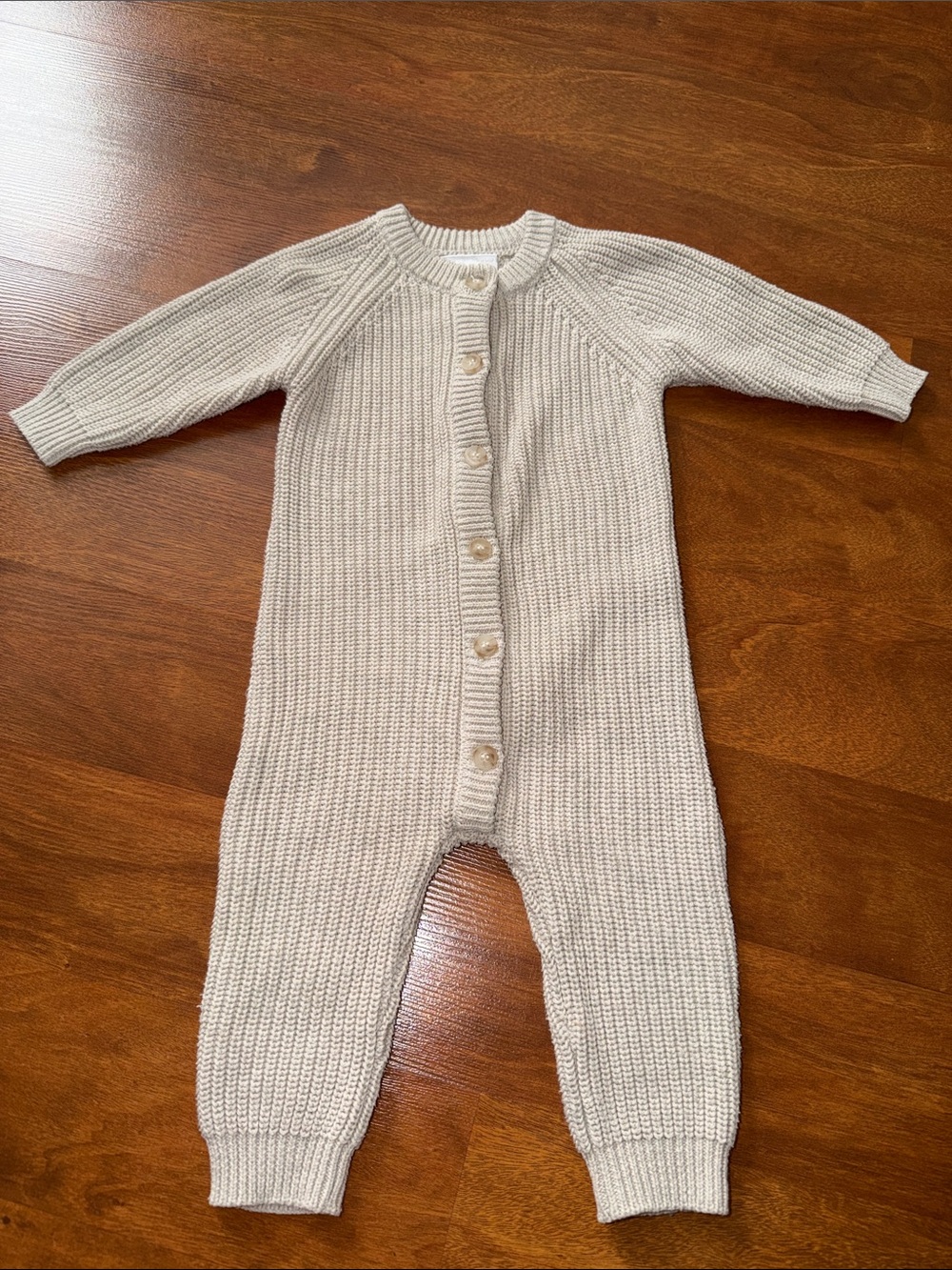 Cream Knit Button-Front Footie One-Piece for Kids